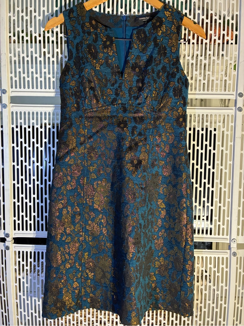 Nanette Lepore Sleeveless Teal Floral Jacquard Dress with Metallic Accents
